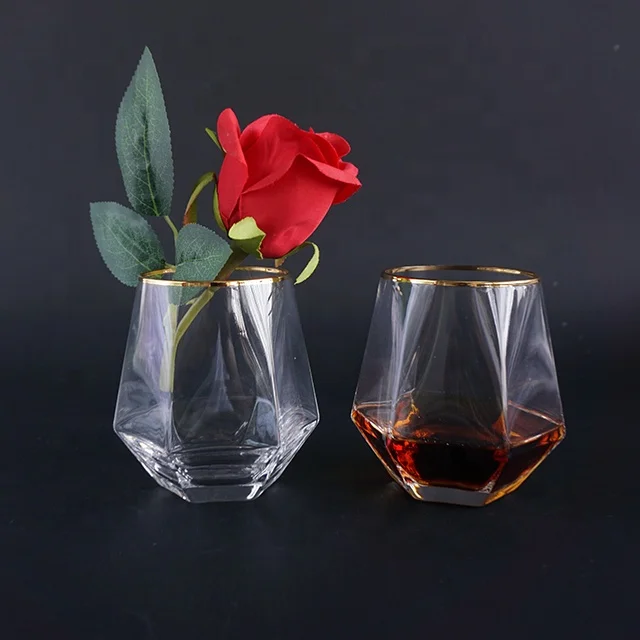 

wholesale modern simple glassware hexagon whisky glass cup with gold rim, Clear