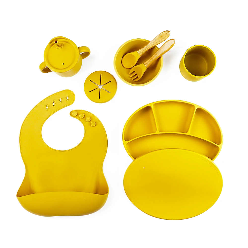 

BPA Free Baby Feeding Baby Cutlery Bowl Cups And Strong Suction Plate Set Silicone Tableware Set Bib Bowl Plate Spoon, Any pms color