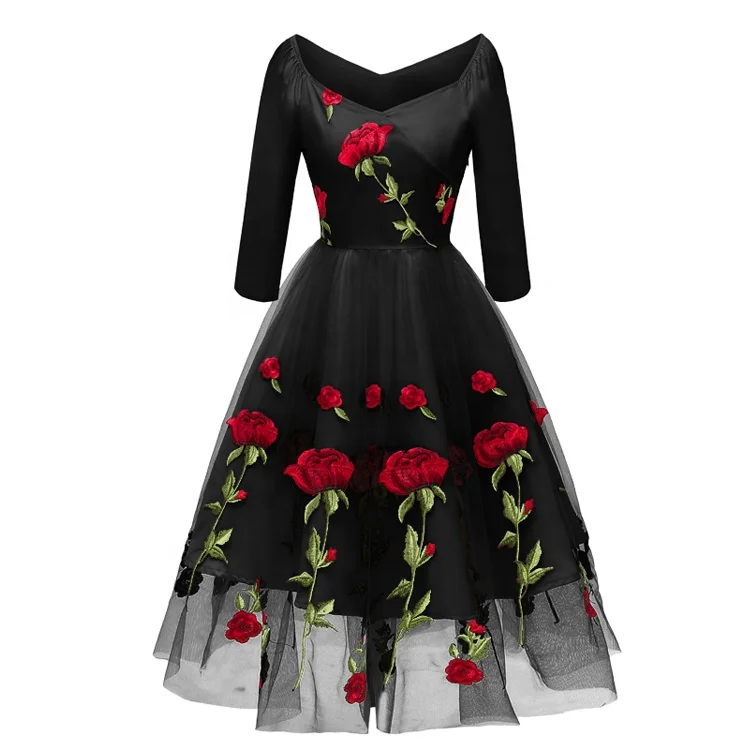 

Handmade rose embroidered gauze lady dress bridesmaid dress, White/pink/black