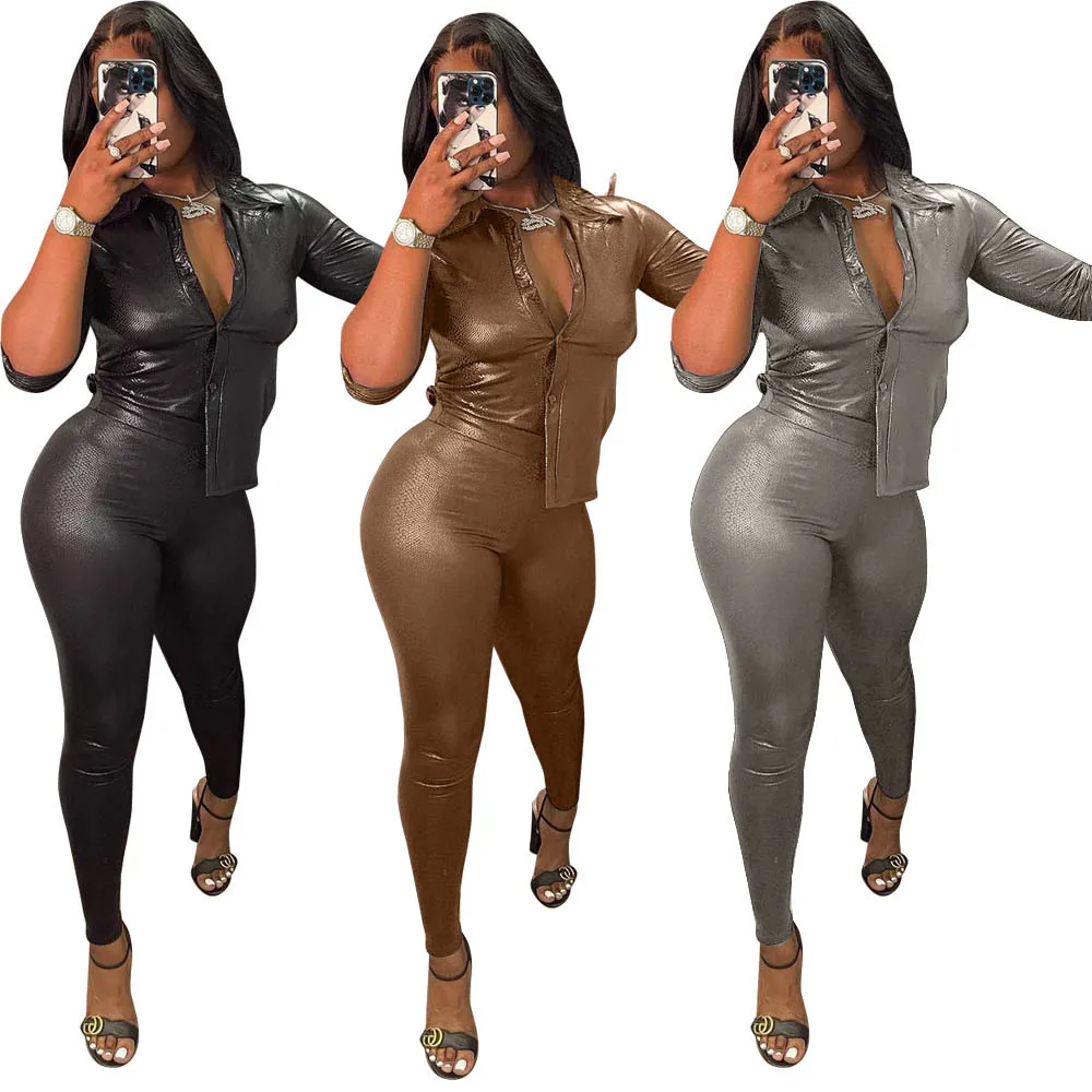 

Wholesale Solid Color Snake Pattern Women Leather Bodycon Set Sexy Two Piece