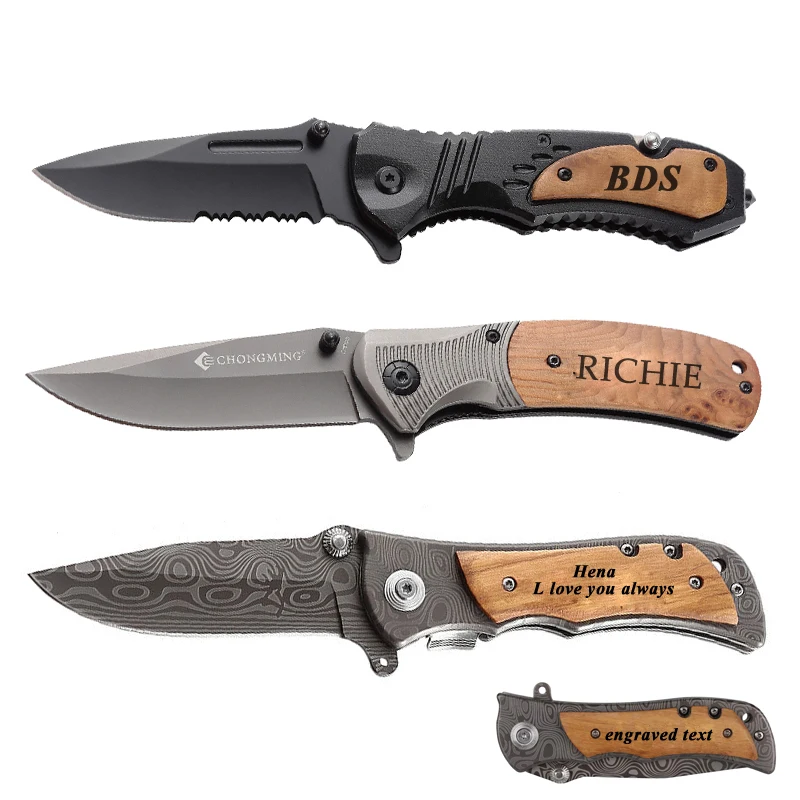 

Wholesale personalized pocket knife wooden handle engraved tactical hunting folding knife custom knife with name