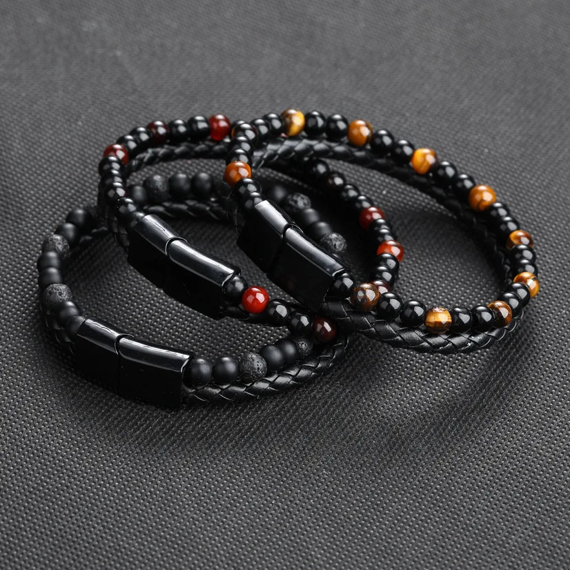 

New Arrival Double Layer Braiding Magnetic Clasp Natural Stone Leather Bracelet Gun Black Natural Tiger Eye Stone Bead Bracelet