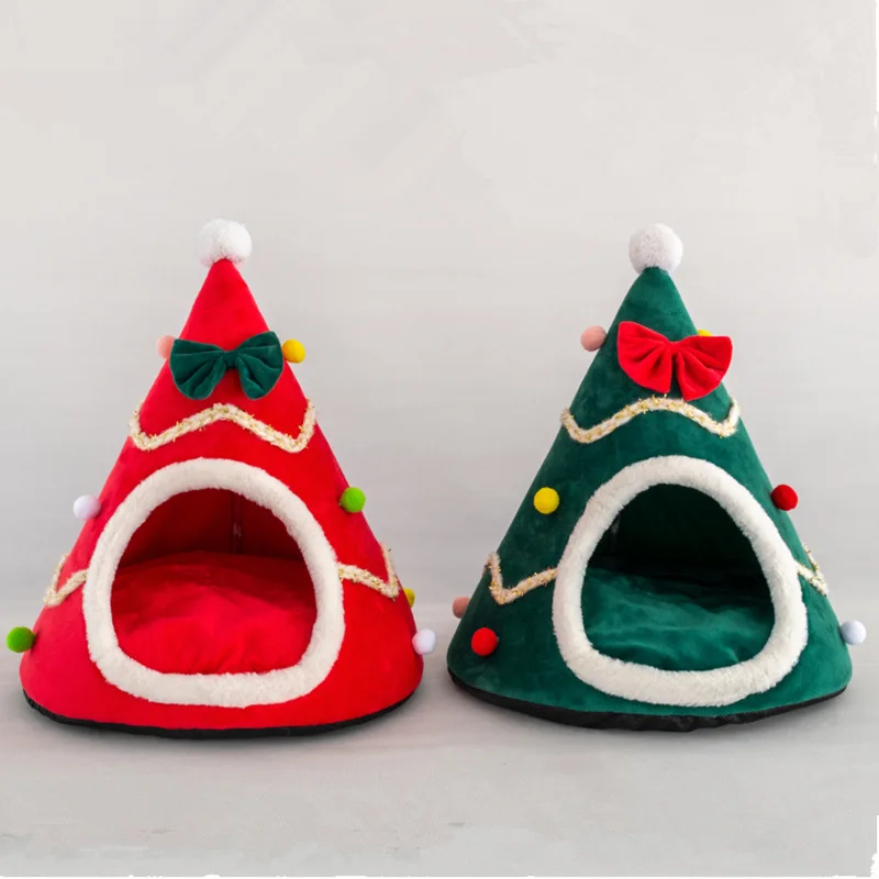 

Christmas Tree Dog house Removable and Washable Yurt Pet Cat House Bed Winter Warm Closed Cat Pet Nest Bed, Green