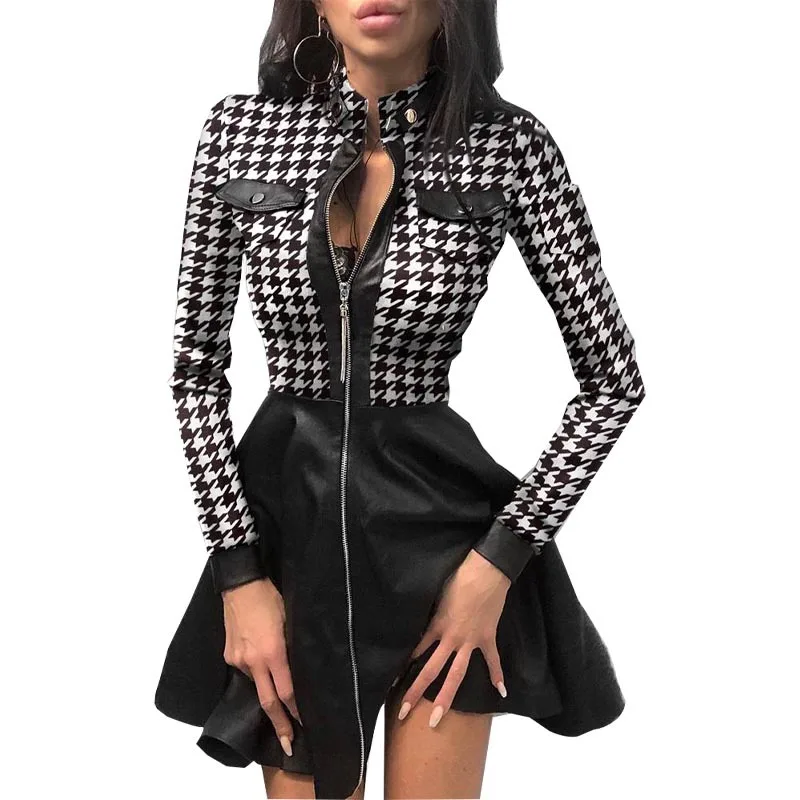 

Autumn And Winter Long Sleeve V-neck Zipper PU Pocket Dress Women's Dress