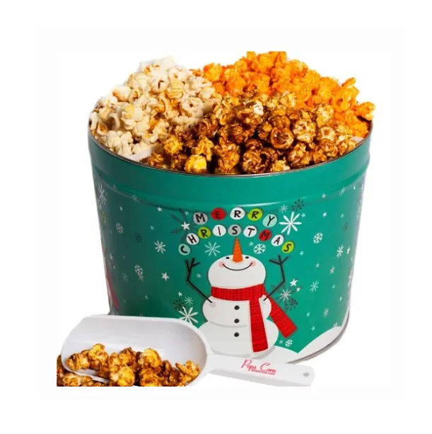 

Custom large food grade airtight metal popcorn tins bucket container snow holidays empty christmas round popcorn tin