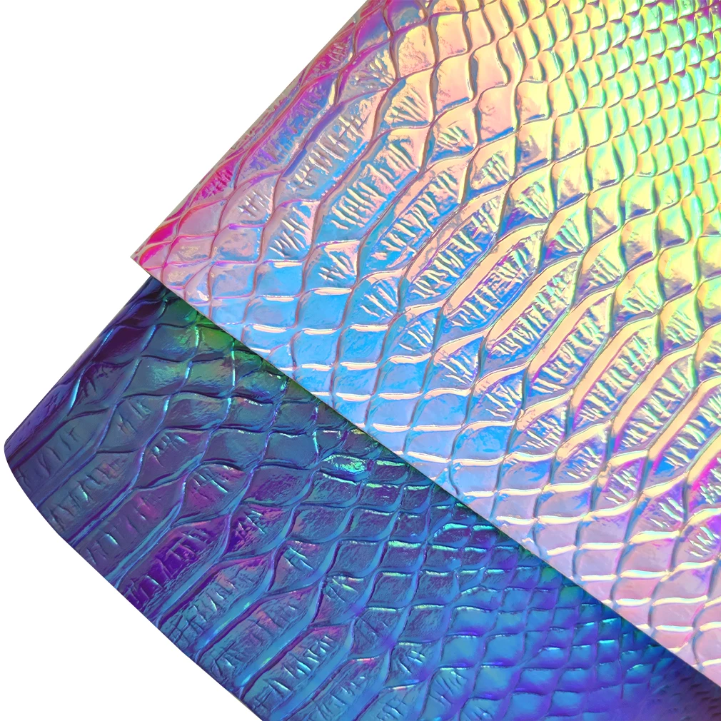 

12*53 INCH Embossing rainbow snake pattern holographic Leather fabric for bags and shoes