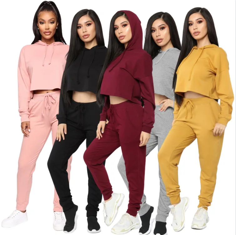 

Autumn 2021 winter two piece set hoodie women long sleeve crop top two piece set, Picture shows