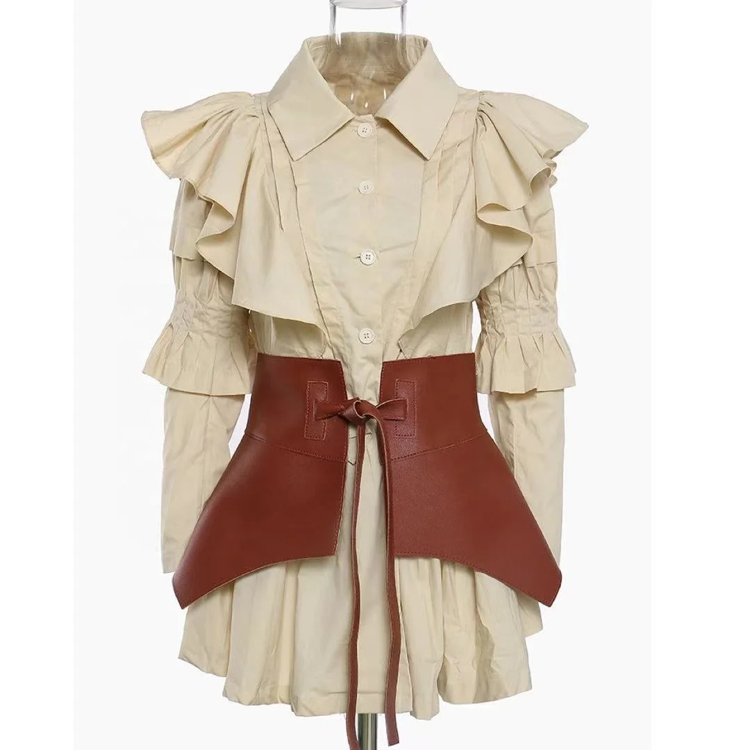 

2021 Fashion Blouses Pleated Long Sleeved Shirts Dress Pu Girdle Two Piece Sets Shirt For Women Blouse Top Tops, White