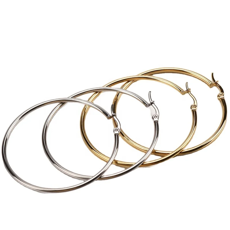 

Hip Hop Exaggerated Big Simple 316L Stainless Steel Circle Line Hoop Earrings, Silver,gold,black