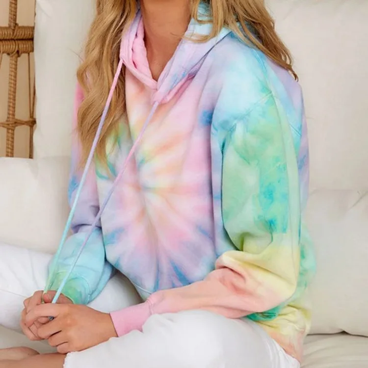 

Custom Casual Leisure Wear Tops Printed Tie Dye Hoodie Long Sleeve Kangaroo Pocket Pullover Sweatshirt Women