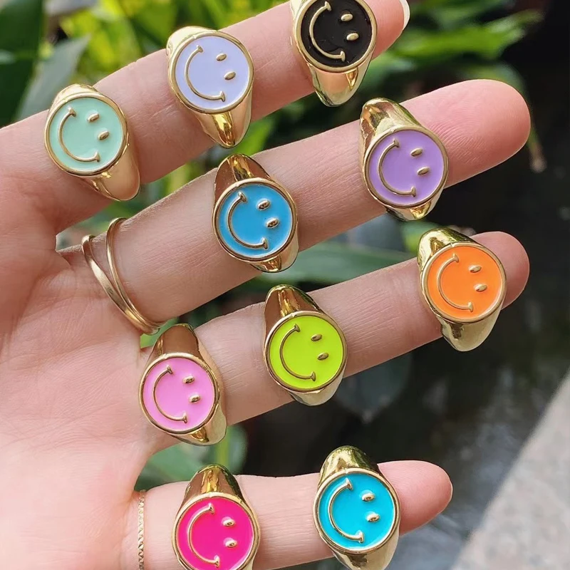 

24K Gold Plated Neon Rainbow Enamel Open Rings smiley face ring For Women Summer Holiday Fashion Colorful Ring, Mix color