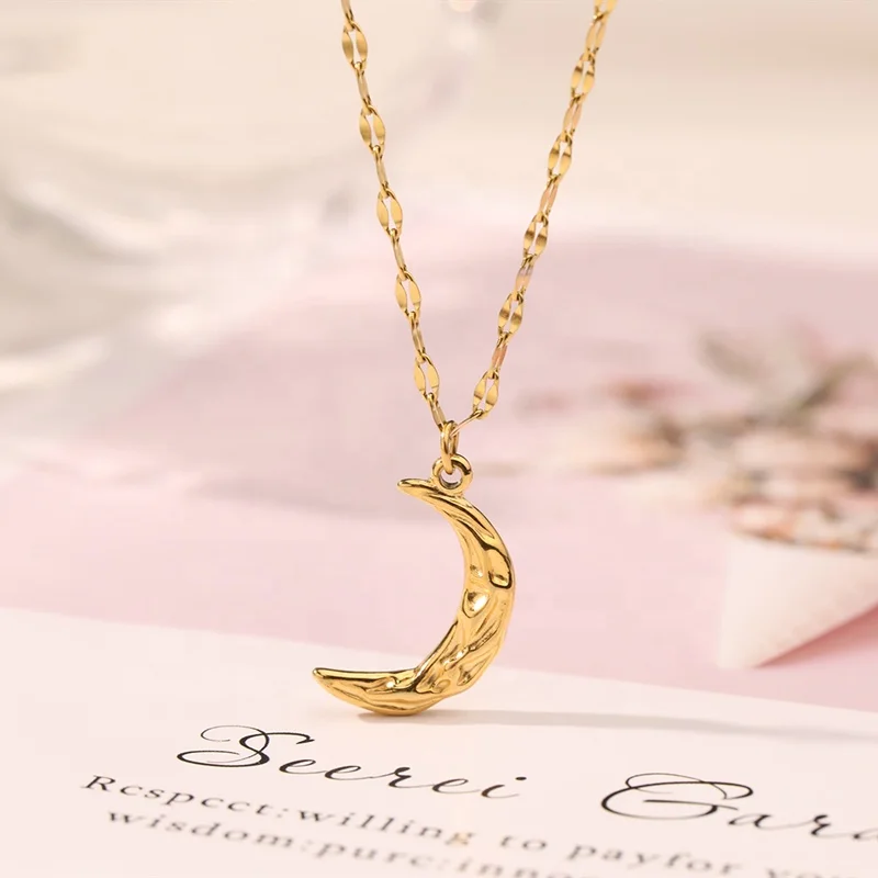 

18K Gold Plated Stainless Steel Hammers Crescent Moon Pendant Necklace, As picture