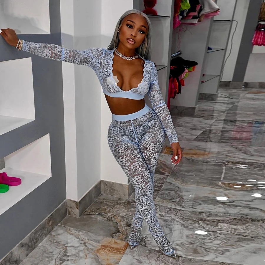 

Peeqi Summer Long Sleeve Crop Top and Leggings See Through floral outfits Party Clubwear 2 piece set women
