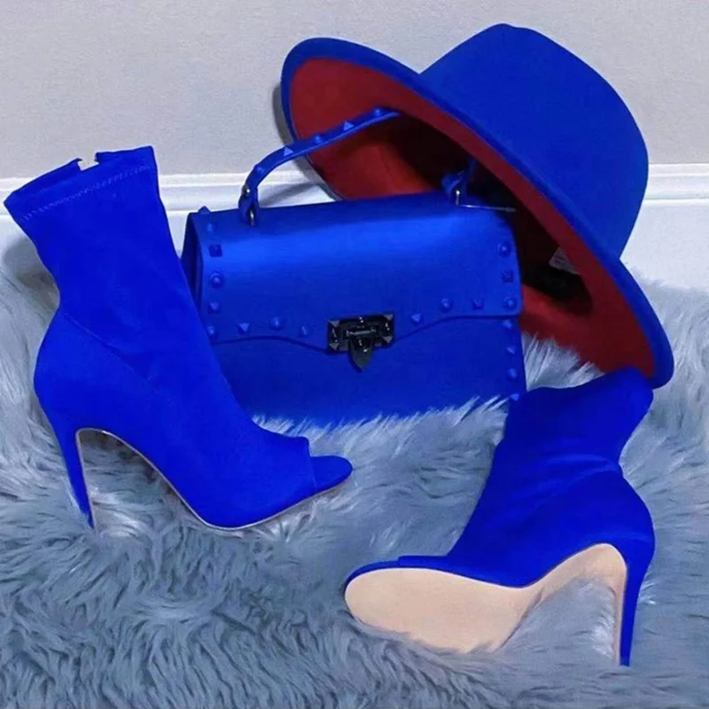 

XZ22 New arrivals boots three-piece peep toe blue boots matching purse and hat set 2021, As picture or custom