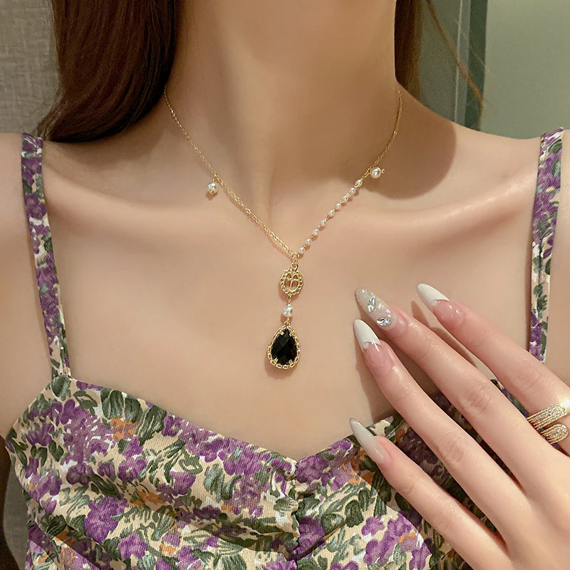 

trendy fashion cross pearl crystal water drop pendant necklace
