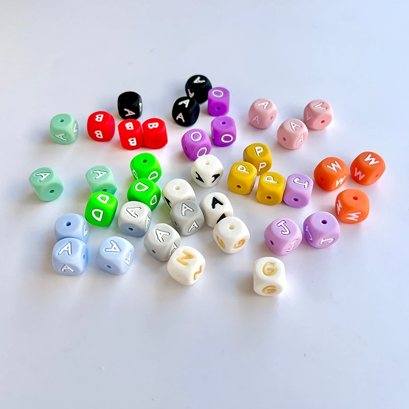 

Hot Sale 12mm Square Cube English Alphabe Beads Food Grade Silicone Bracelet Letter Beads for Diy Necklace Pendant Making, Black, green, blue, pink, white