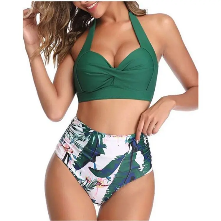 

2022 Ladies Sexy Retro Halter Ruched Vintage Swimsuit Two Piece High Waist Bathing Suits Bikini For Women