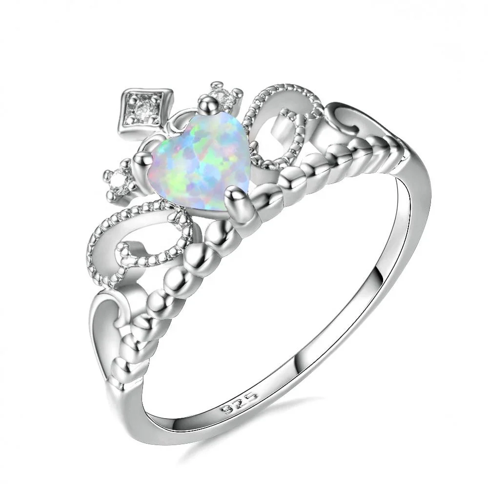 

Ring woman S925 sterling silver heart shaped white opal crown ring