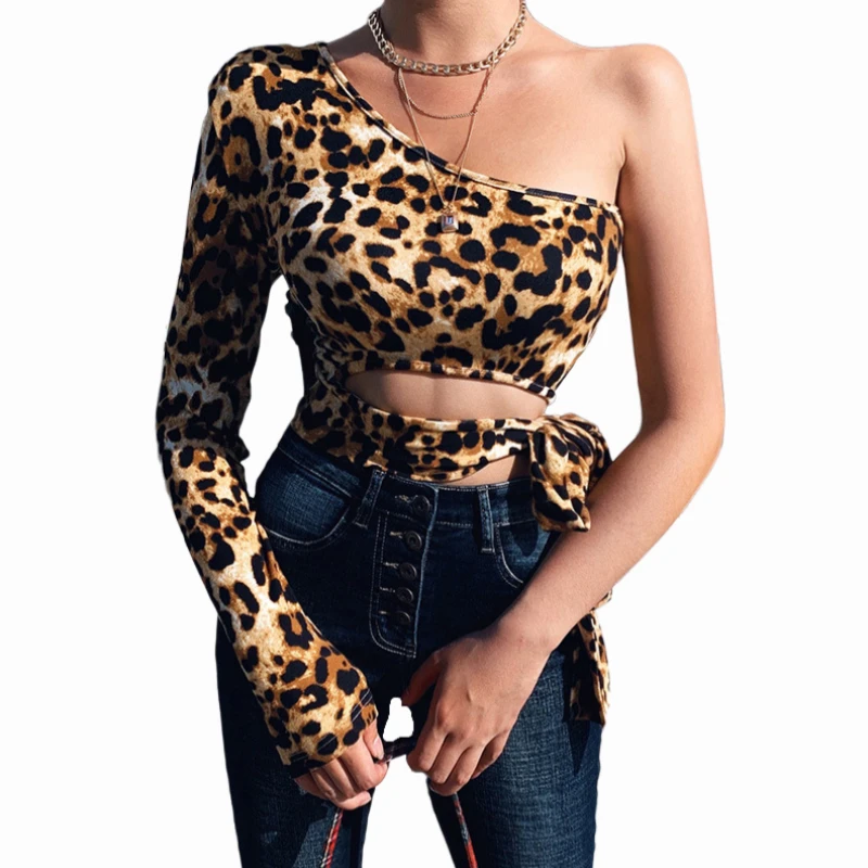 

Candice 2021 summer print hollow out sexy tight slim T-shirt one-shoulder tie up off shoulder leopard tops crop women