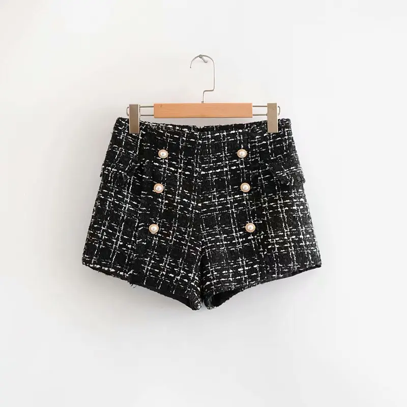 

Wholesale beautiful new design tweed womens button fashion shorts, Black