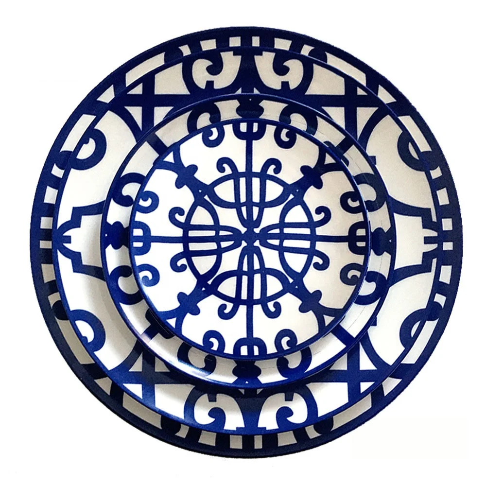 

European ceramic plates blue wrought iron design dinnerware set luxury bone china antiques dinner plate sets, As product