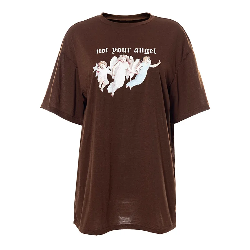 

2022 new Short Sleeve Graphic Tee Shirts Letter Print Baddie Streetwear Brown Oversized T-Shirt Women Summer Slim Aesthetic Top, As picture or customized make
