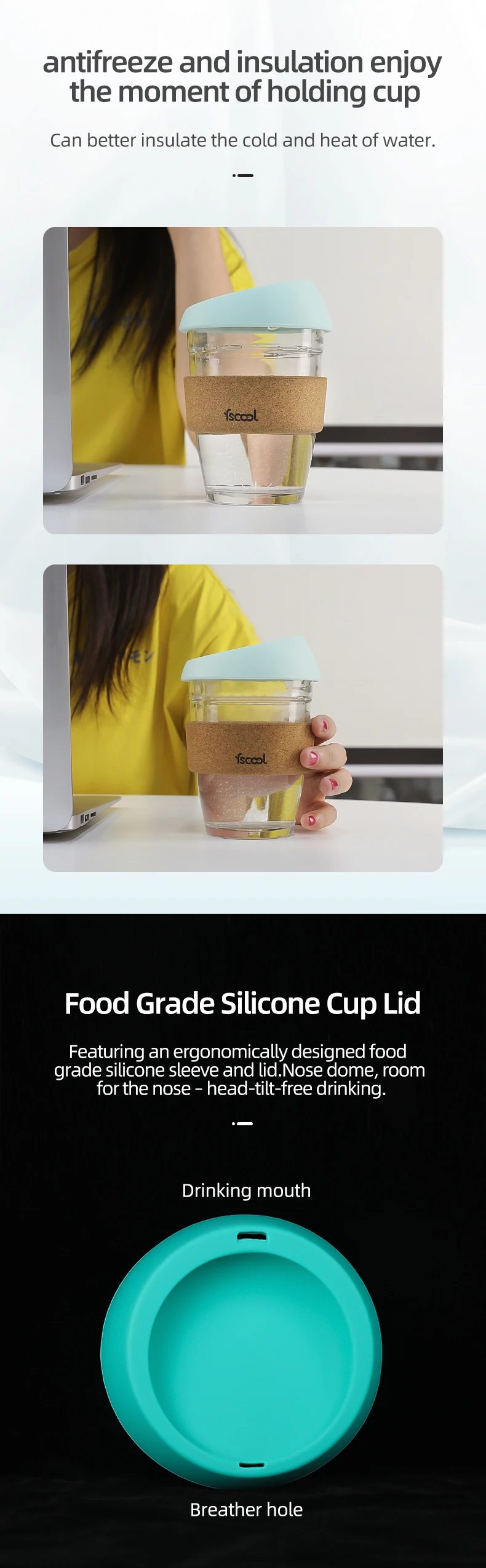 Fscool Wholesale Custom 12 oz Eco Friendly Reusable Silicone Glass Coffee Cup With Cork Sleeve