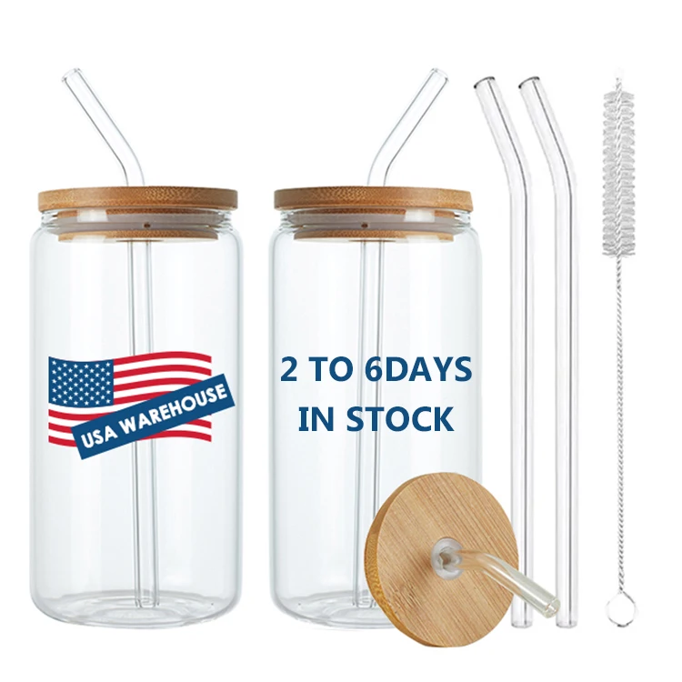 

Usa Warehouse Uv Dtf Print Blank 16oz 20oz Iced Coffee Beer Can Shaped Glass Cup Jars with Bamboo Lids and Glass Straw