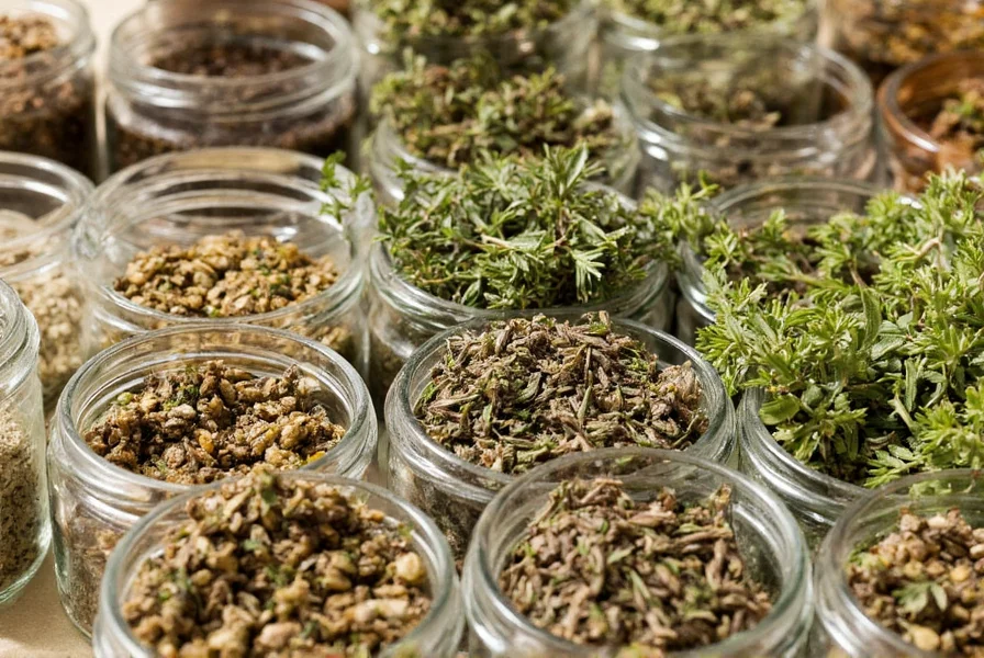 Close-up of various dried herbs including marjoram, thyme, and basil in small jars for oregano substitution