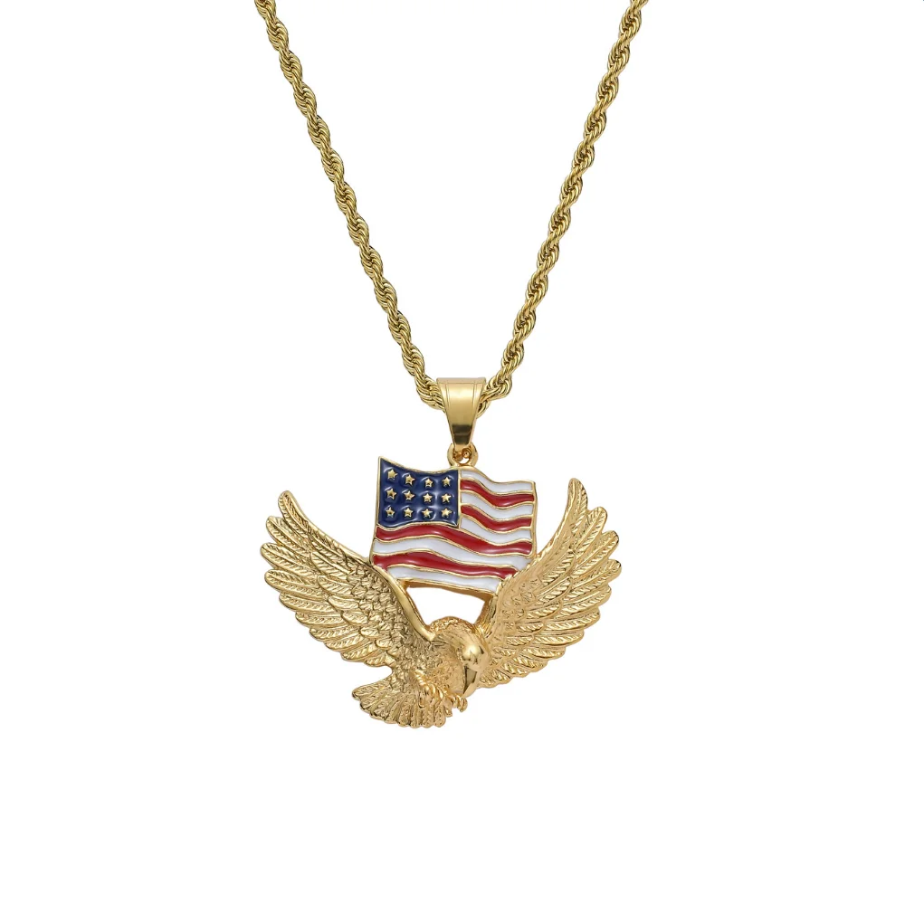 

Red and blue enamel gold necklace star flag american flag eagle pendant necklace