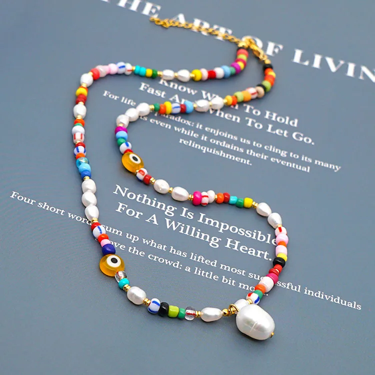 

NP1002 Chic Bohemian Gold Rainbow Evil Eyes Beaded Pearl Statement Pendant Layering Necklace Jewelry