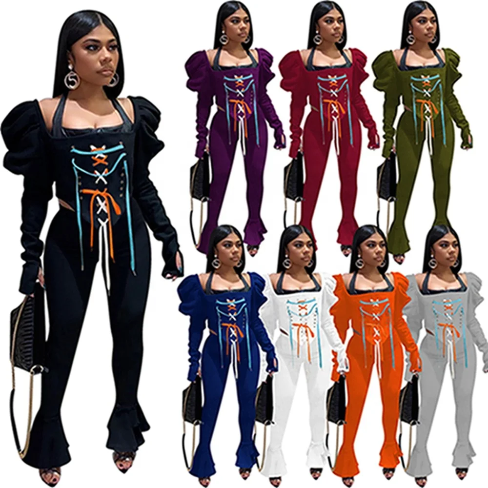 

Stacked Crop Top and Flare Pant Two Pieces Set Outfits Women