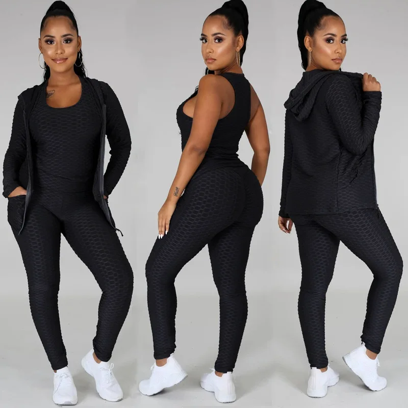 

WW-0968 Hooded Zipper Fleece Yoga Pants Sports Three-piece Suit + Vest Yoga Fitness Three Piece Set Women Clothing Tank Tops, Customized color