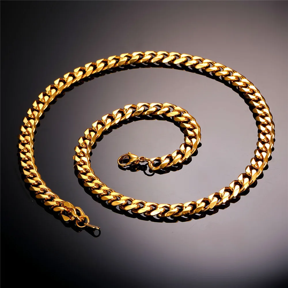 不锈钢实心法令》 k 黄金古巴链接链项链饰品
