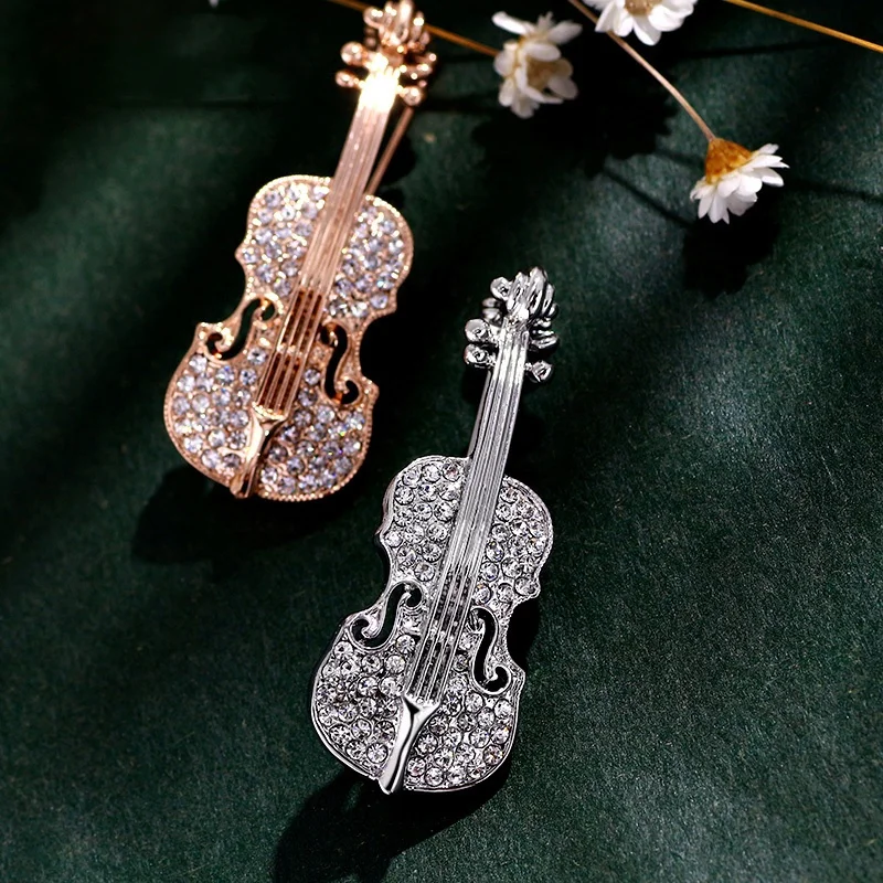 

QIANZUYIN 2021 Hot Sale Wholesale Bridal Brooch With 18k Gold Color Violin Brooch Rhinestone Brooch, Gold,silver