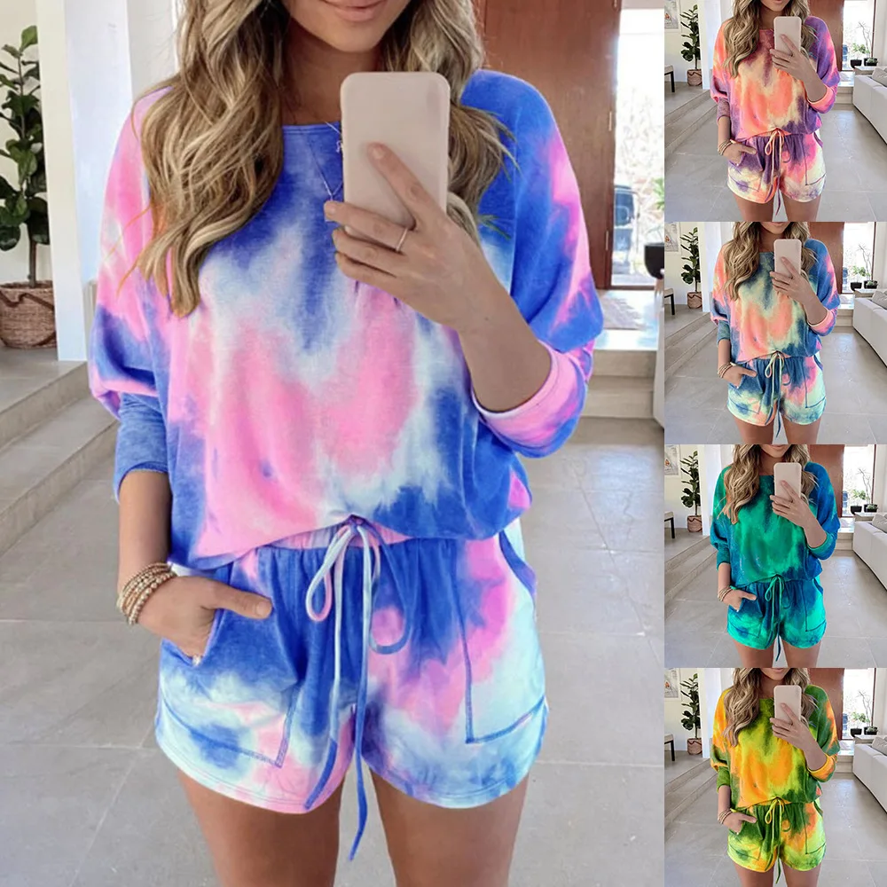 

2021 new arrival European and American womens fashion summer tie-dye printing long sleeved shorts sports two piece pants set
