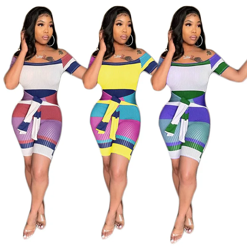 

2021 summer new arrival sexy print fashion trend slim stitch short sleeve one shoulder romper jumpsuit women clothes clothing