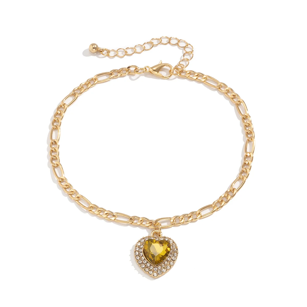 

Simple Design Single 18k Gold Plated Figaro Chain Anklet Bracelet Yellow Crystal Heart Pendant Anklets