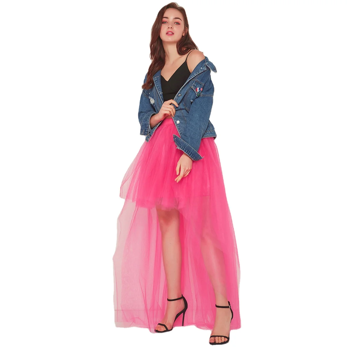 

SADF0654 New arrival contrast color tulle material high waist ruffle fashion women long tiered skirt, As photo showed