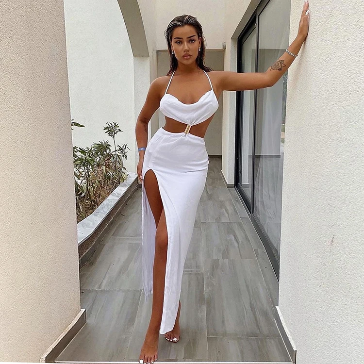 

Sexy Cut Out Sleeveless High Slit Elegant Dress Backless Long Maxi Dresses Women Summer, White,black