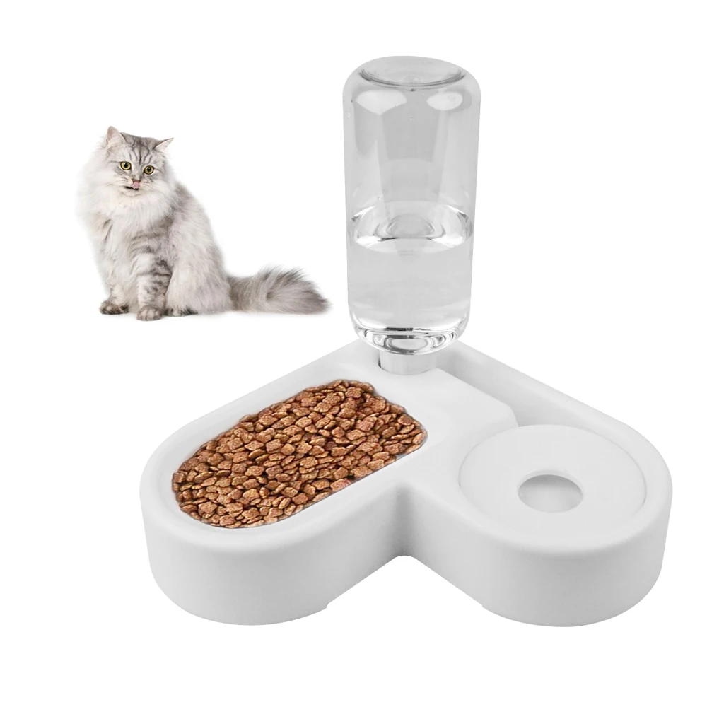 

Dog Cat Double Bowls, Pet Food and Water Feeder with Automatic Water Bottle No-Spill Resin Station, White