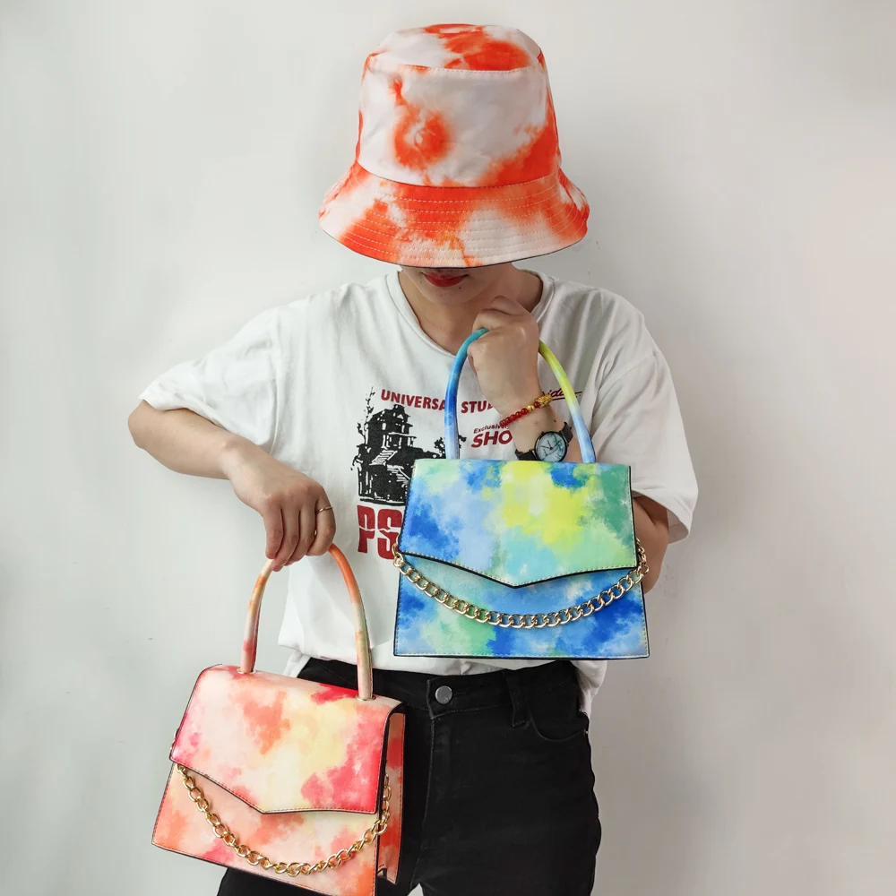 

2021 Tie Dye Bag Hat and Purse Set Women Handbags Ladies Single Shoulder Handbags and Hat Set Rainbow Color Hat and Purse Set, 7 colors