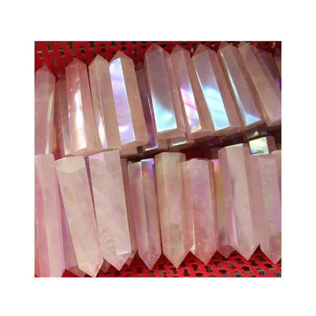 

Hot sell natural pink tower angel aura rose quartz crystal wand point healing stone for sale