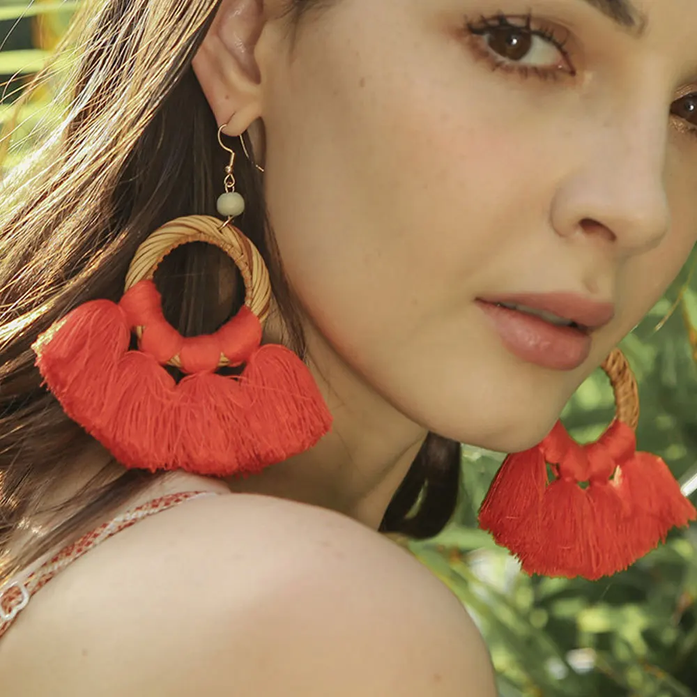 

Bohemian Handmade Woven Rattan Round Drop Earrings Long Thread Tassel Fringe Statement Earrings