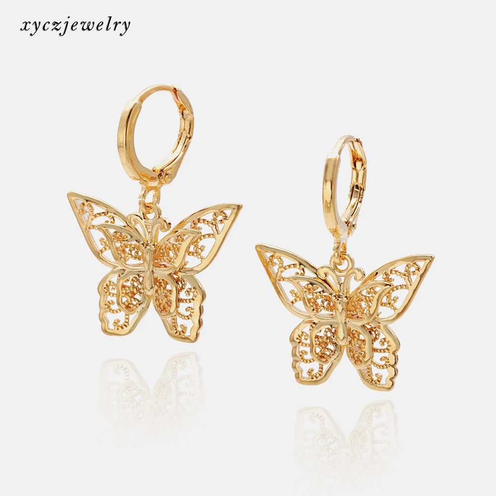 

Fashion party 18k gold brass hanging hoop 3D butterfly earrings, No