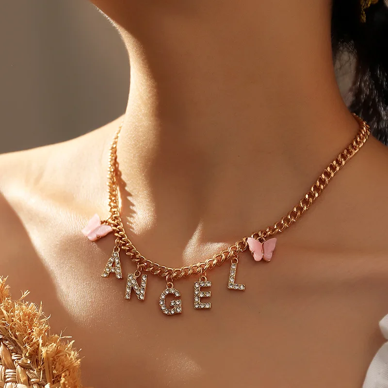 

Female Clavicle Jewelry Acrylic Butterfly Cuban Chain Necklaces Shiny CZ Initial Letter Angle Butterfly Necklace