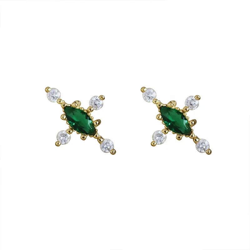 

HYH 925 silver cross zircon emerald stud earrings, Optional