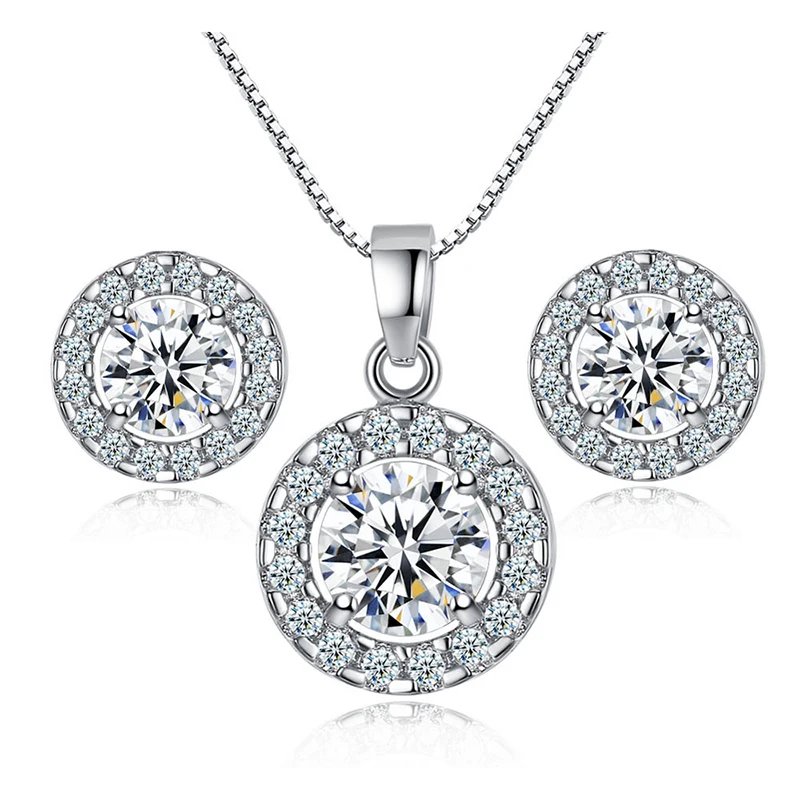 

Elegant Mini Stud Earrings Cubic Zirconia Bridal Necklace Jewelry Set, Silver