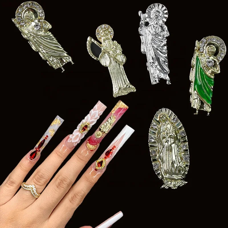 

2022 New Style 3D Virgin Buddha Painted Gold and Silver Nail Decorative Alloy Diamond Luxury Zircon Nail Charms