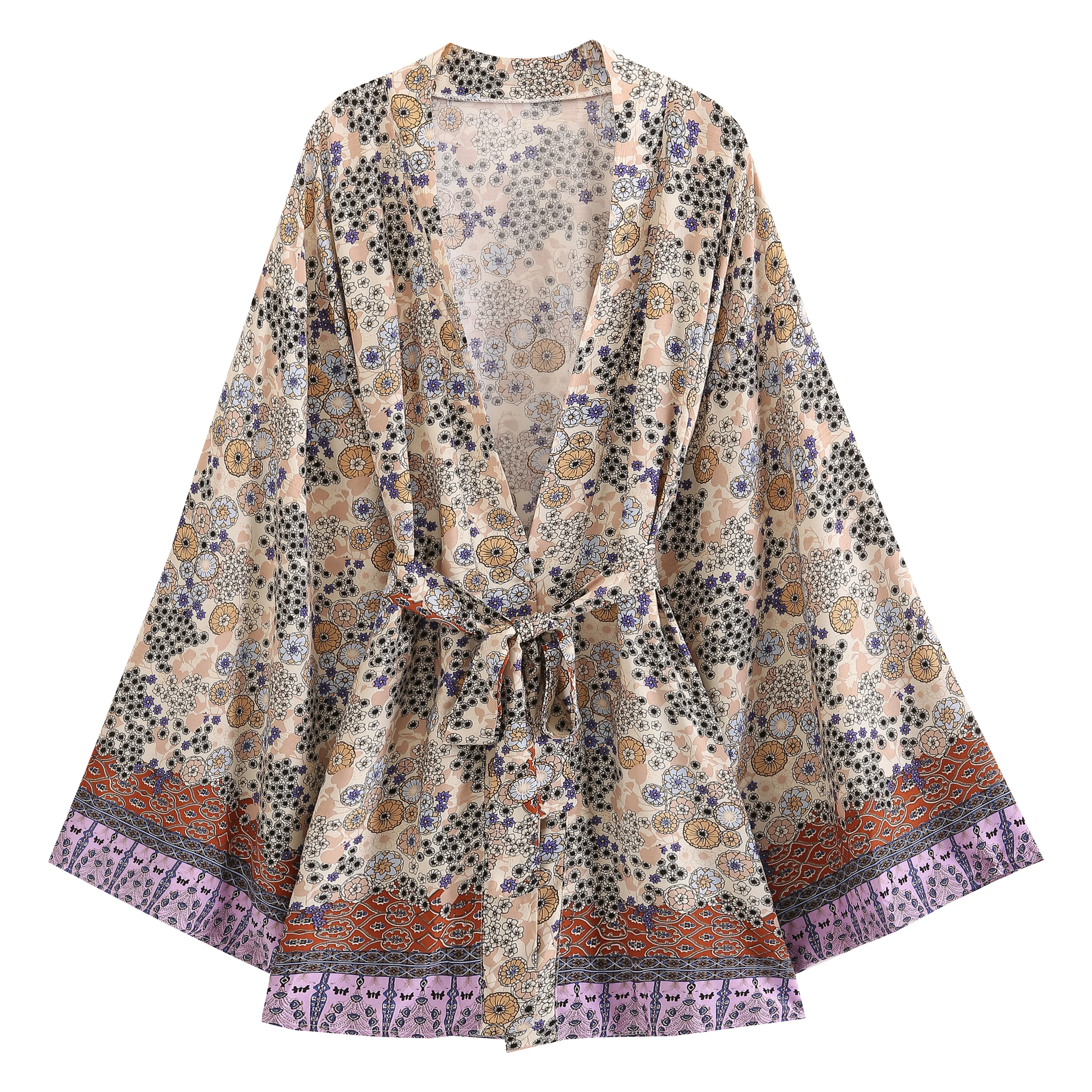 

Boho Vintage Loose Rayon Cotton Cover-ups Bohemian Kimono Women Casual Streetwear Belt Short Kimono Blusas
